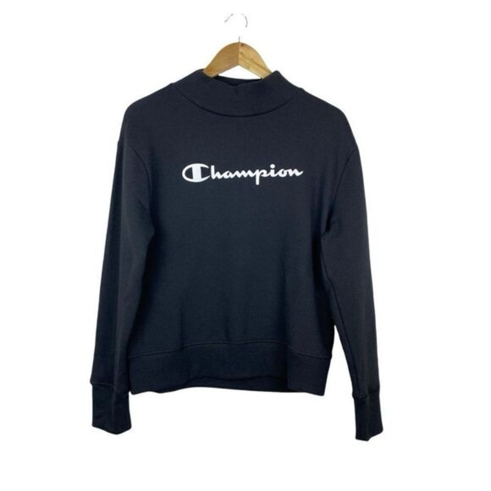 Champion Womens Black Mock Neck Script Logo French Terry Sweatshirt US S